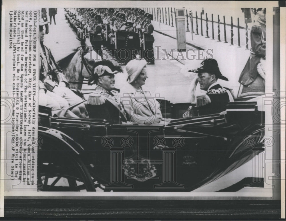 1964 King Olav of Norway & Queen Juliana & Prince Bernhard, - Historic Images