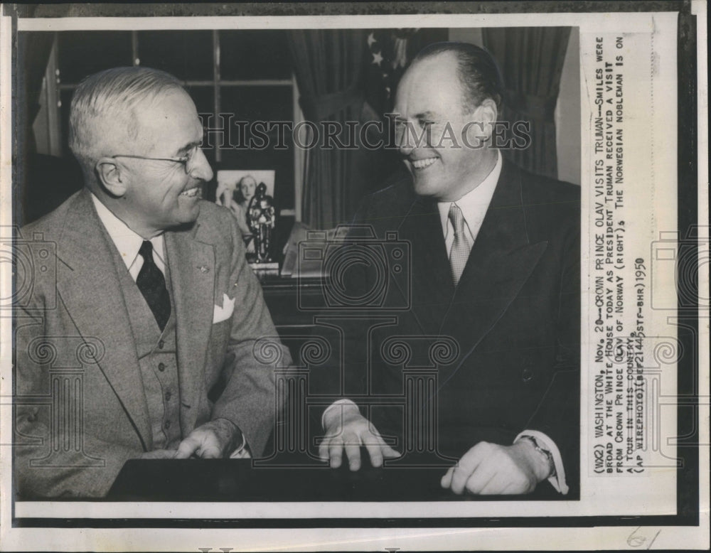 1950 President Truman and Crown Prince Olav of Norway talking - Historic Images