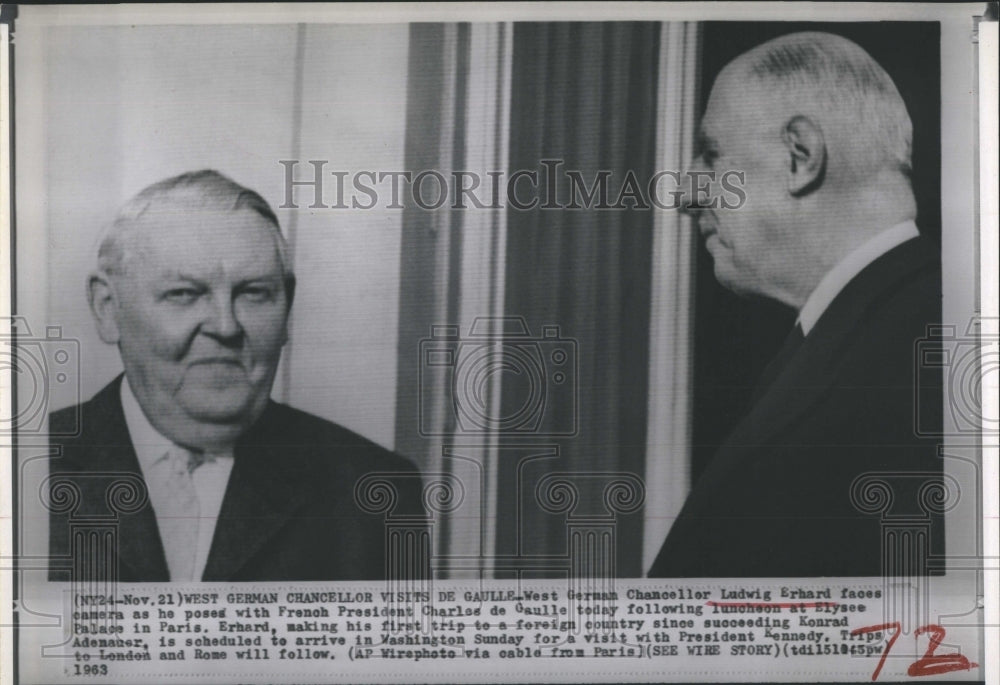 1963 West German Chancellor Erhard &amp; French Pres Charles de Gaulle - Historic Images