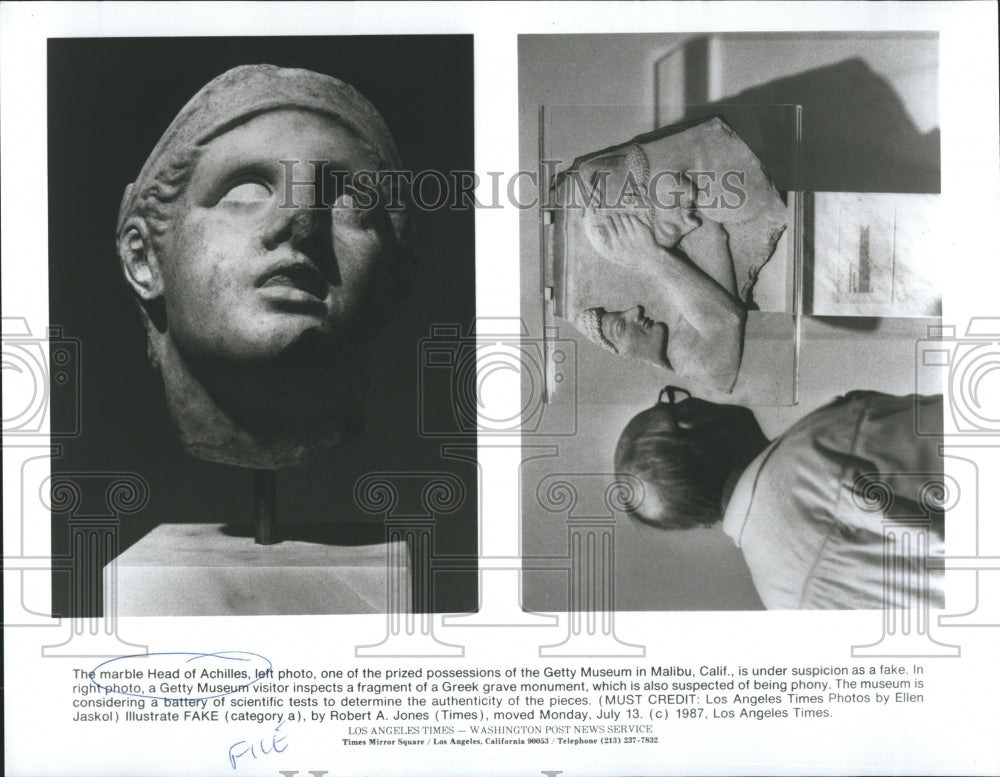 1987 Press Photo Marble Head Of Achilles Getty Museum Inspected - Historic Images