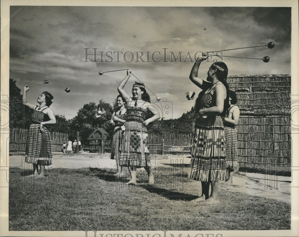 1964 Maori Maidens with Long &quot;Poi&quot; Dancing to Polynesian Music - Historic Images