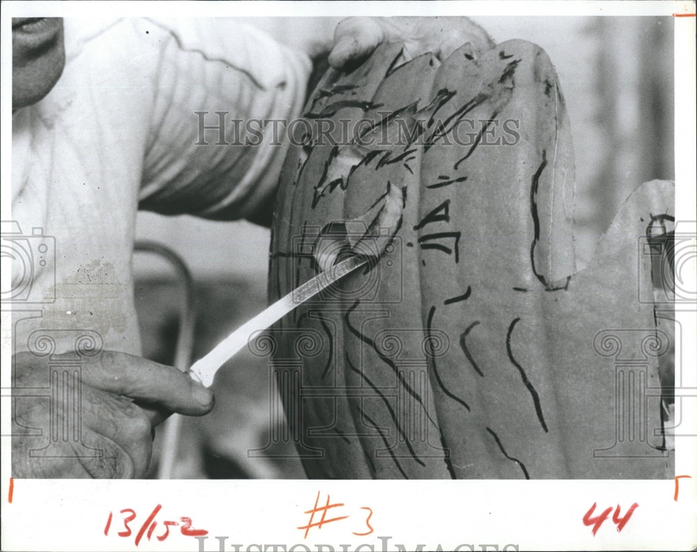 1984 Richard Roller sculpts a pumpkin - Historic Images