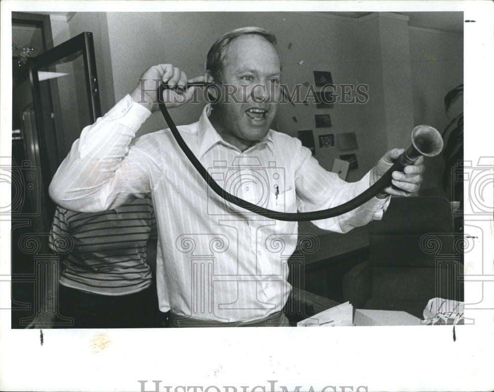 1987 Recall Committee Chairman Dennis McDonald Demonstrates Hearing - Historic Images