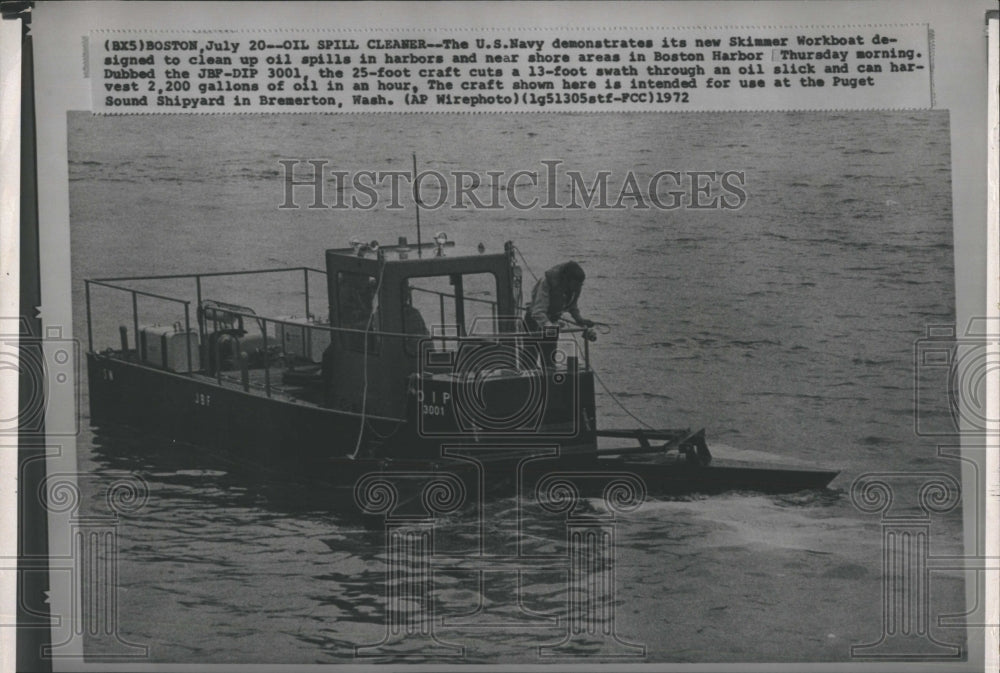 1972 US Navy demonstrates Skimmer workboat for oil cleanup - Historic Images