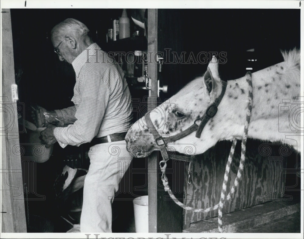 1986 Press Photo Carl Henry Kaphengst feeding the horse after morning ride. - Historic Images