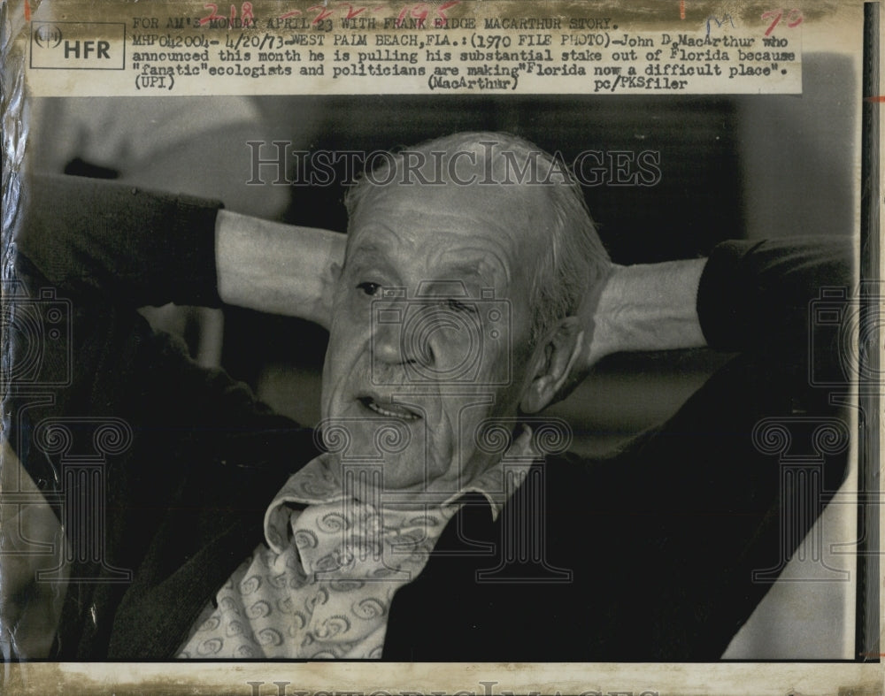 1973 Press Photo John D MacArthur Millionaire Leaving Florida Not Defeated Tired - Historic Images