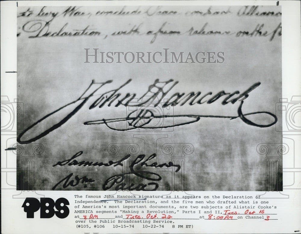 1974 Press Photo Famous John Hancock Signature Declaration Independence PBS Film - Historic Images