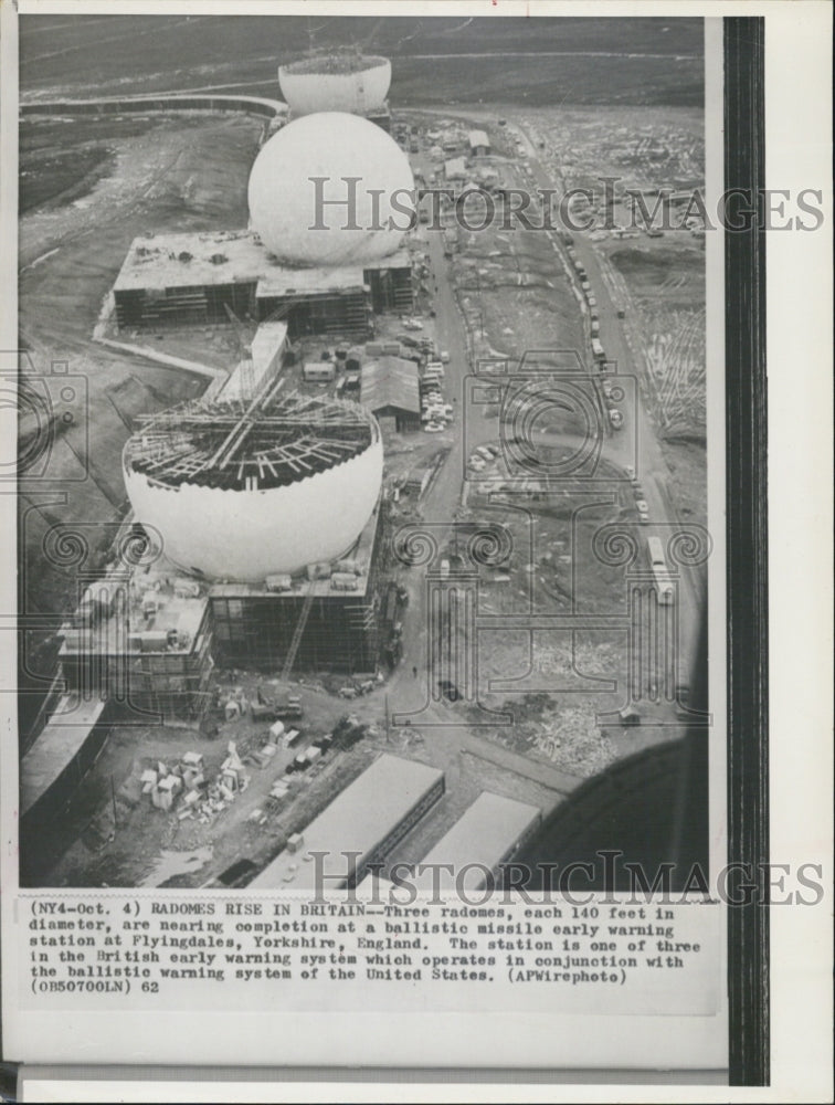 1962 Press Photo Three Radomes Going Up in Britain Flyingdales Yorkshire - Historic Images