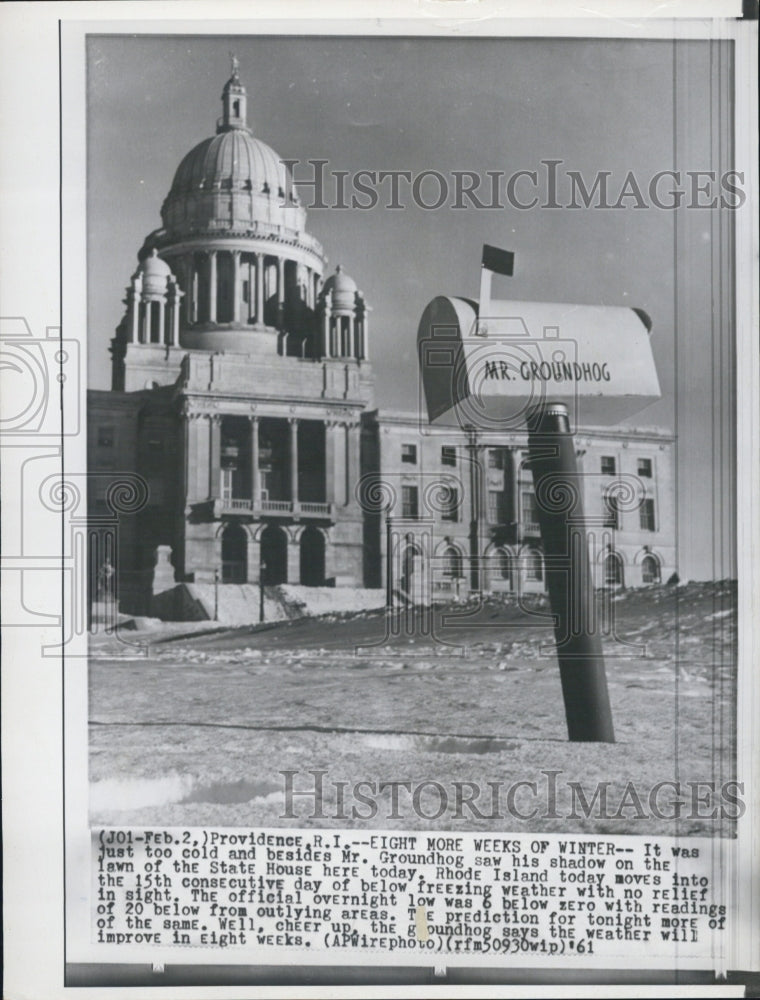 1961 Press Photo Providence RI Statehouse and Mr Groundhog - Historic Images