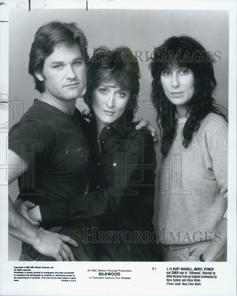 1983 Press Photo Actor Kurt Russell, Meryl Streep, Cher, Singer, Silkwood - Historic Images