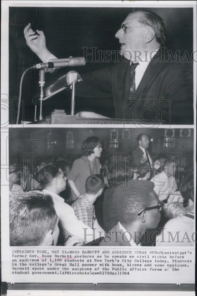 1964 Press Photo Former Mississippi Governor Ross Marnett @ NYC College - Historic Images