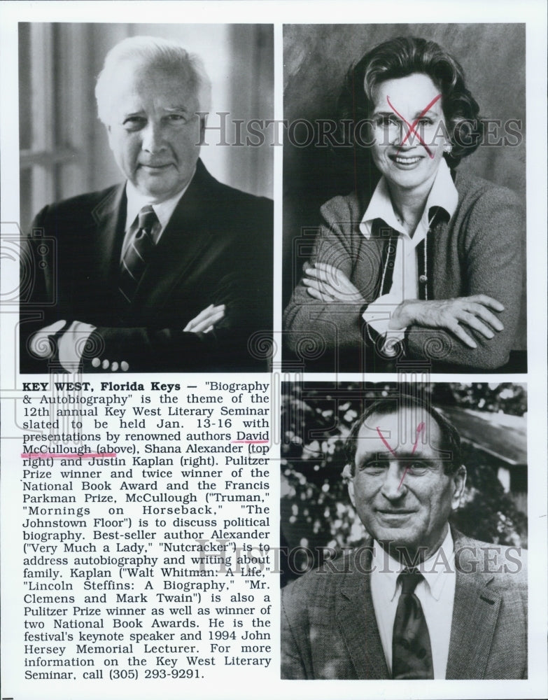1994 Press Photo Authors David McCullough, Shana Alexander, and Justin Kaplan - Historic Images