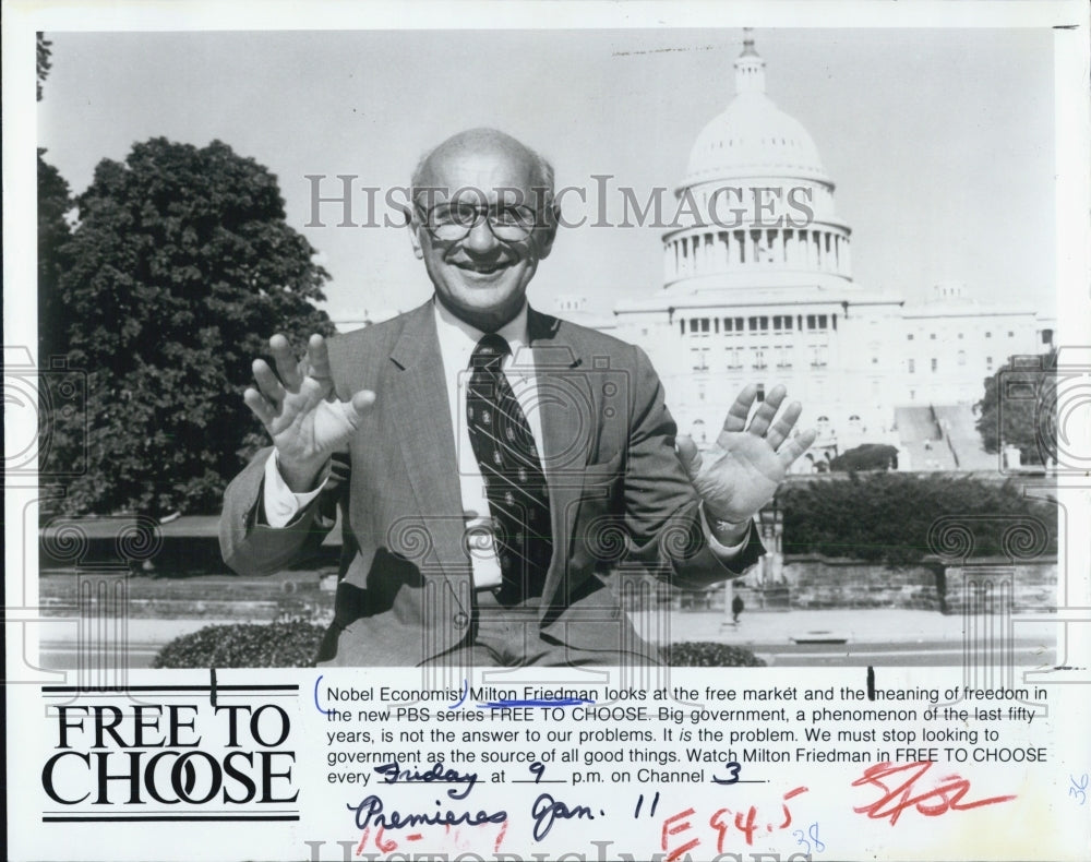 1980 Press Photo Nobel Economist Milton Freedom Explores Free Market &amp; Freedom - Historic Images