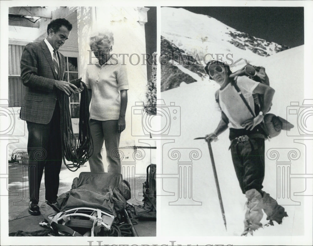 1970 Press Photo Jack Dozier and his wife , check the gear he used on climb to - Historic Images