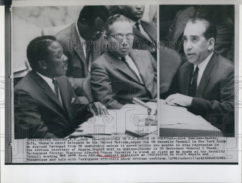 1963 Press Photo UN debate on Potugal,A Q Sackey,Sec Gen U Thant & others - Historic Images