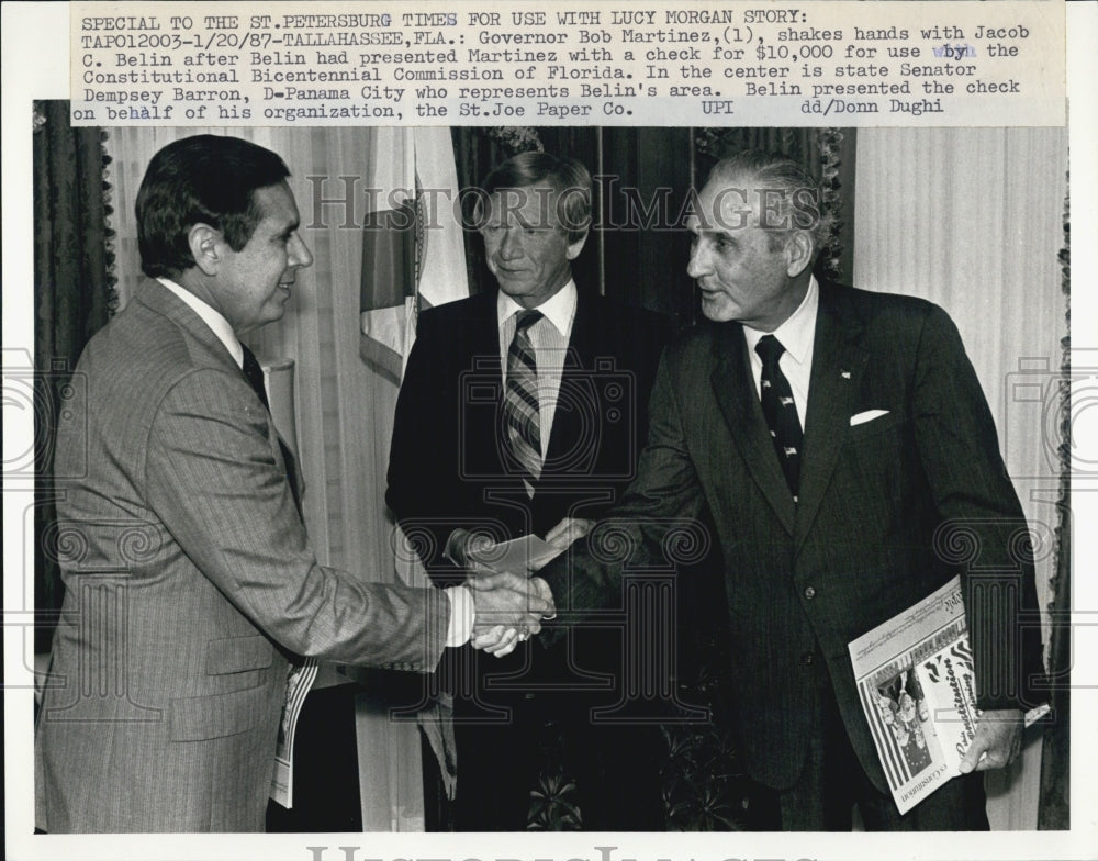 1987 Press Photo Governor Bob Martinez, Jacob Berlin, and Dempsey Barron - Historic Images