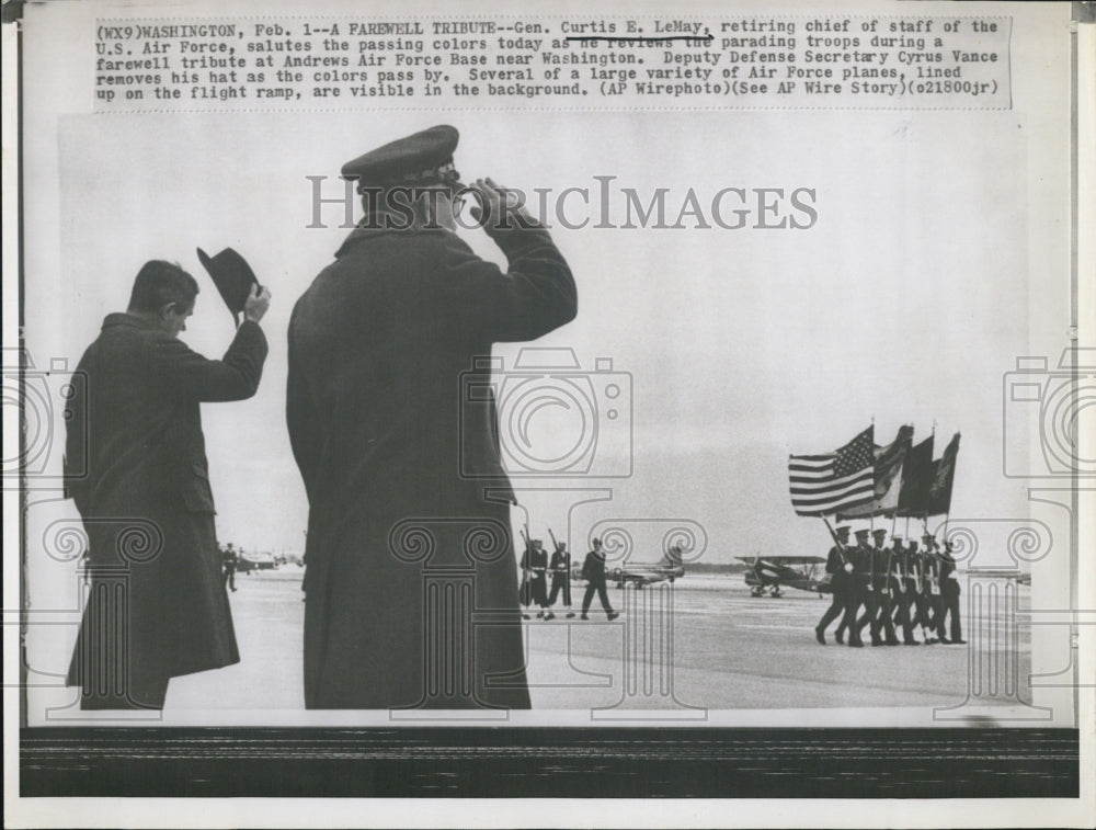 Press Photo General Curtis E. LeMay, retiring, parading troops, Cyrus Vance - Historic Images