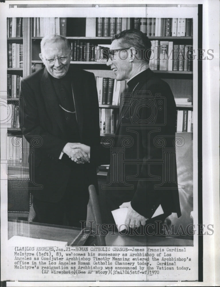 1970 Press Photo James Francis Cardinal McIntyre &amp; Archbishop Timothy Manning - Historic Images