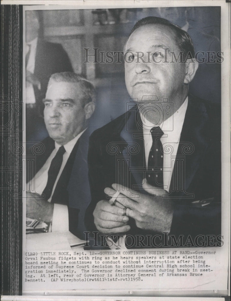 1958 Press Photo Arkansas Governor Orval Faubus State Election Board Meeting - Historic Images