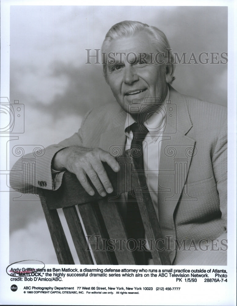 1993 Press Photo Andy Griffith Stars In Matlock - Historic Images