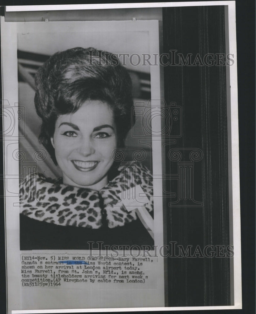 1964 Press Photo Mary Farrell Canada Miss World Beauty Pageant Contestant - Historic Images