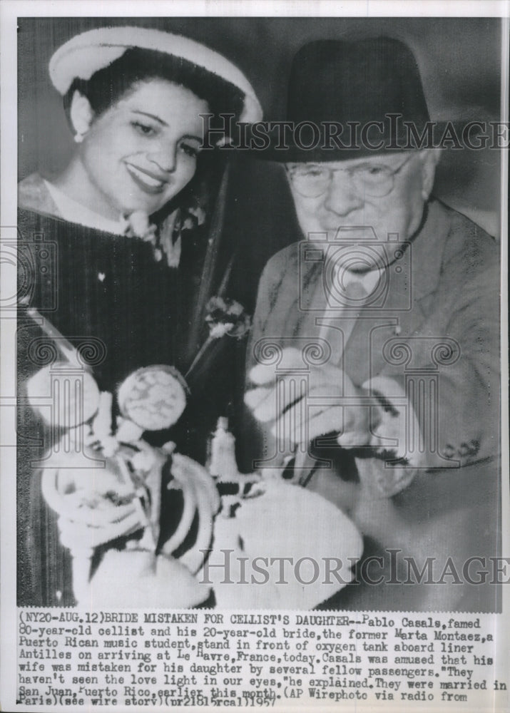 1957 Press Photo Pablo Casals, cellist, Marta Montaez, Puerto Rico - Historic Images