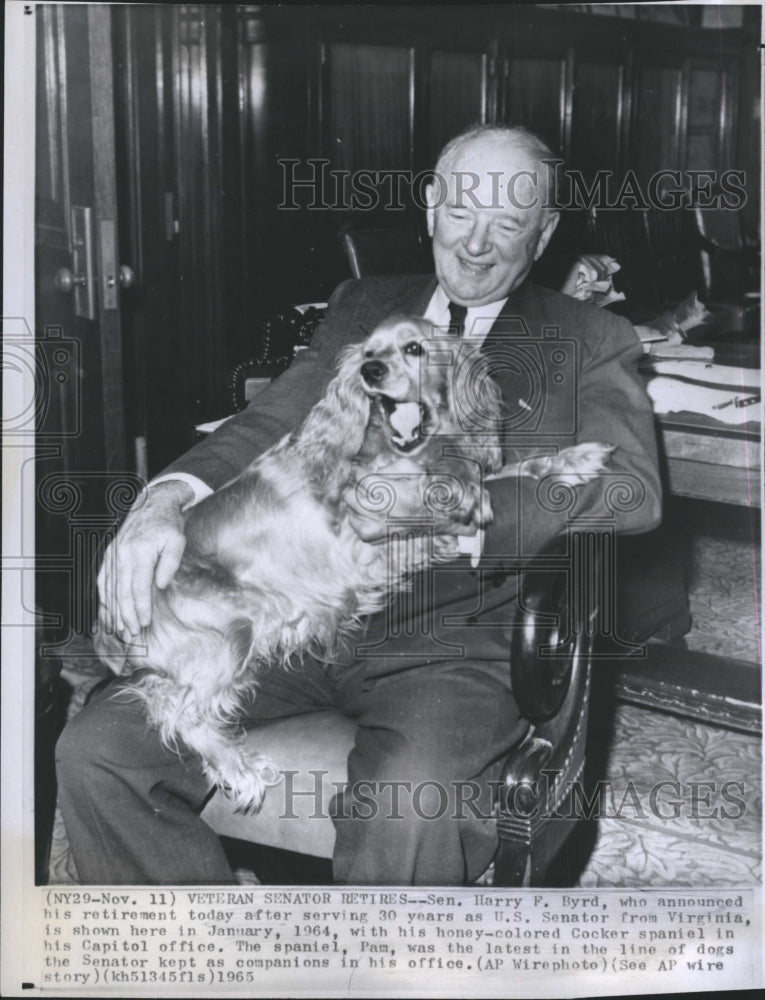 1965 Press Photo Virginia Senator Harry Byrd Retirement Cocker Spaniel Dog Pam - Historic Images