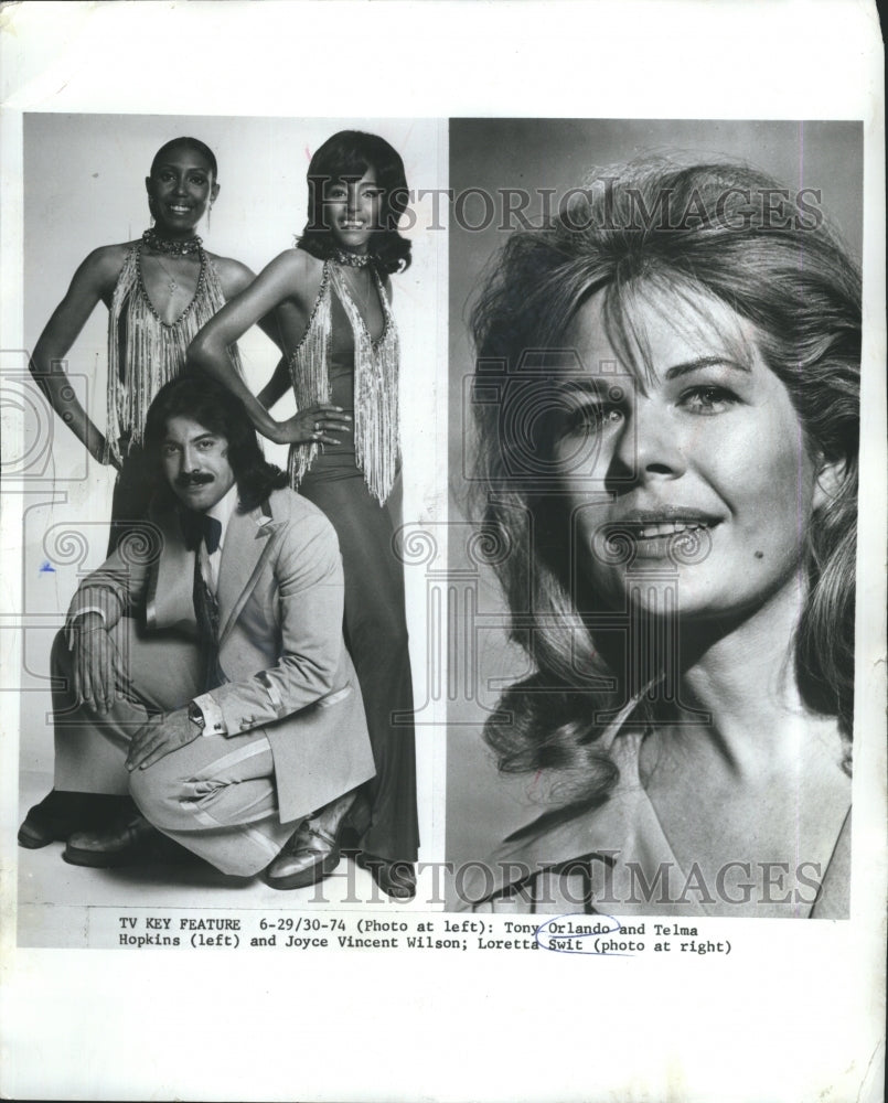 1974 Press Photo Tony Orlando, Telma Hopkins, Joyce Vincent Wilson, Loretta Swit - Historic Images