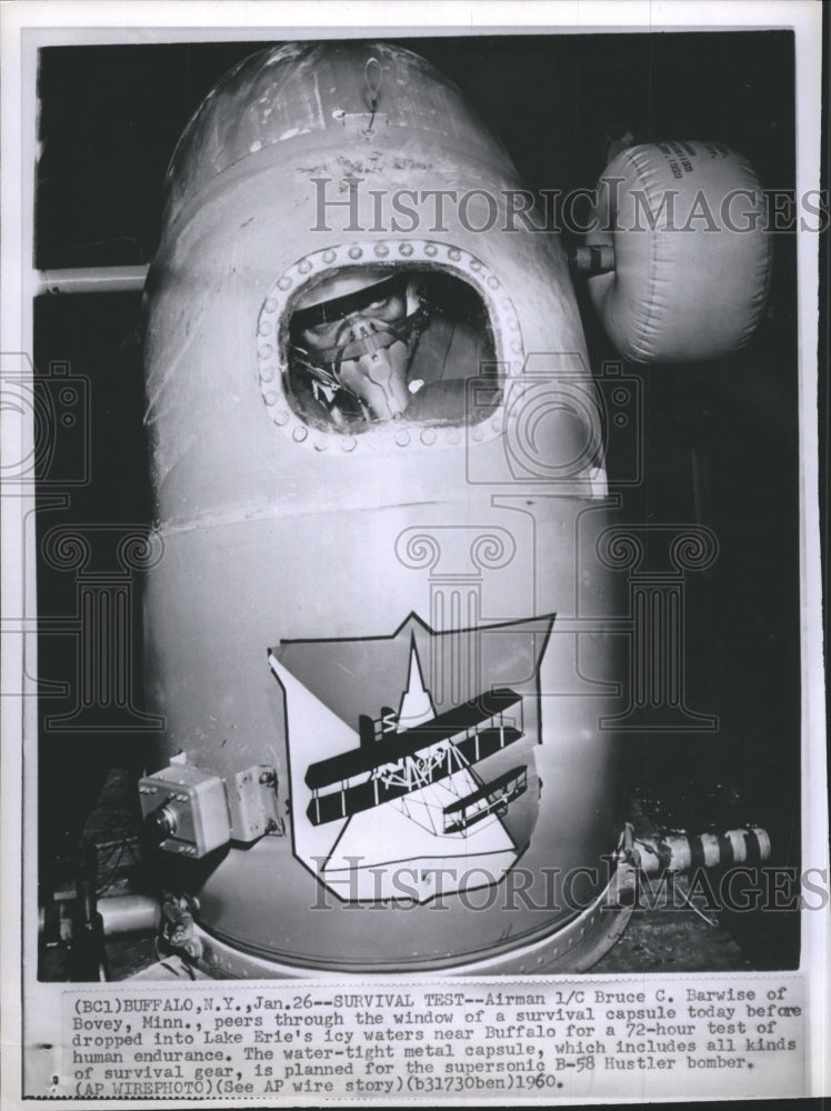 1960 Press Photo Bruce C. Barwise, survival capsule, human endurance test - Historic Images