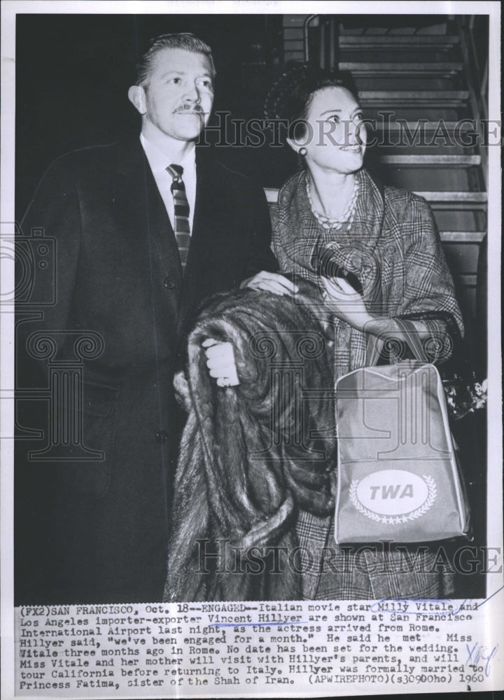 1960 Press Photo Italian actress Milly Vitale and her fiance Vincent Hillyer - Historic Images