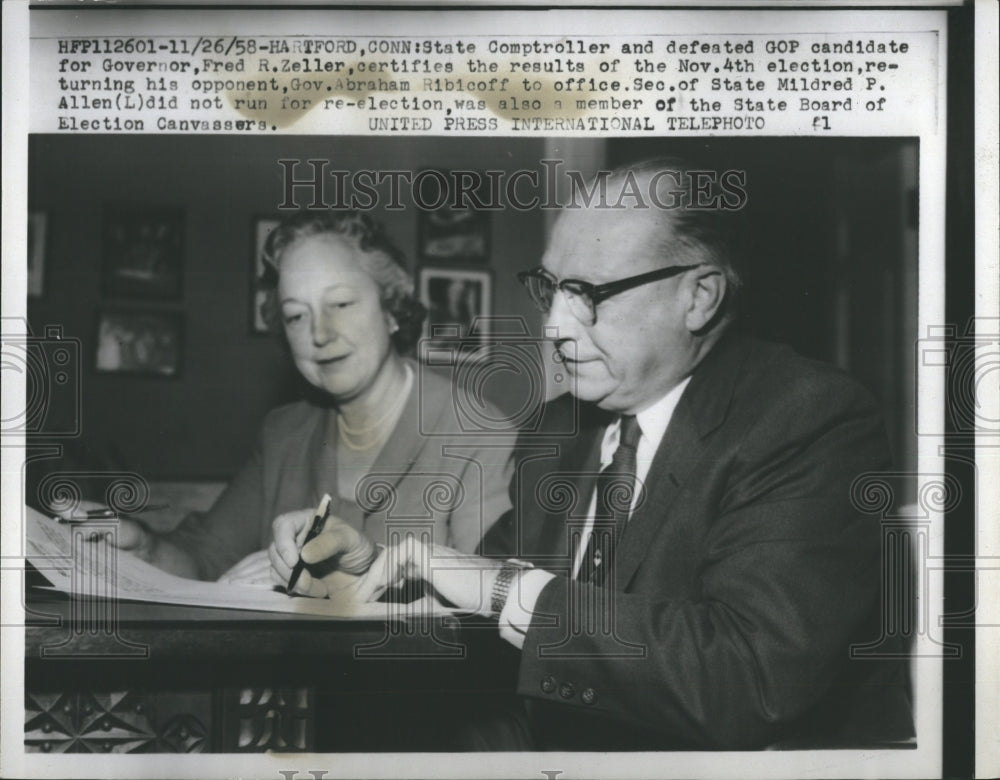 1958 Press Photo Connecticut Governor Candidate Fred Zeller Mildred Allen - Historic Images