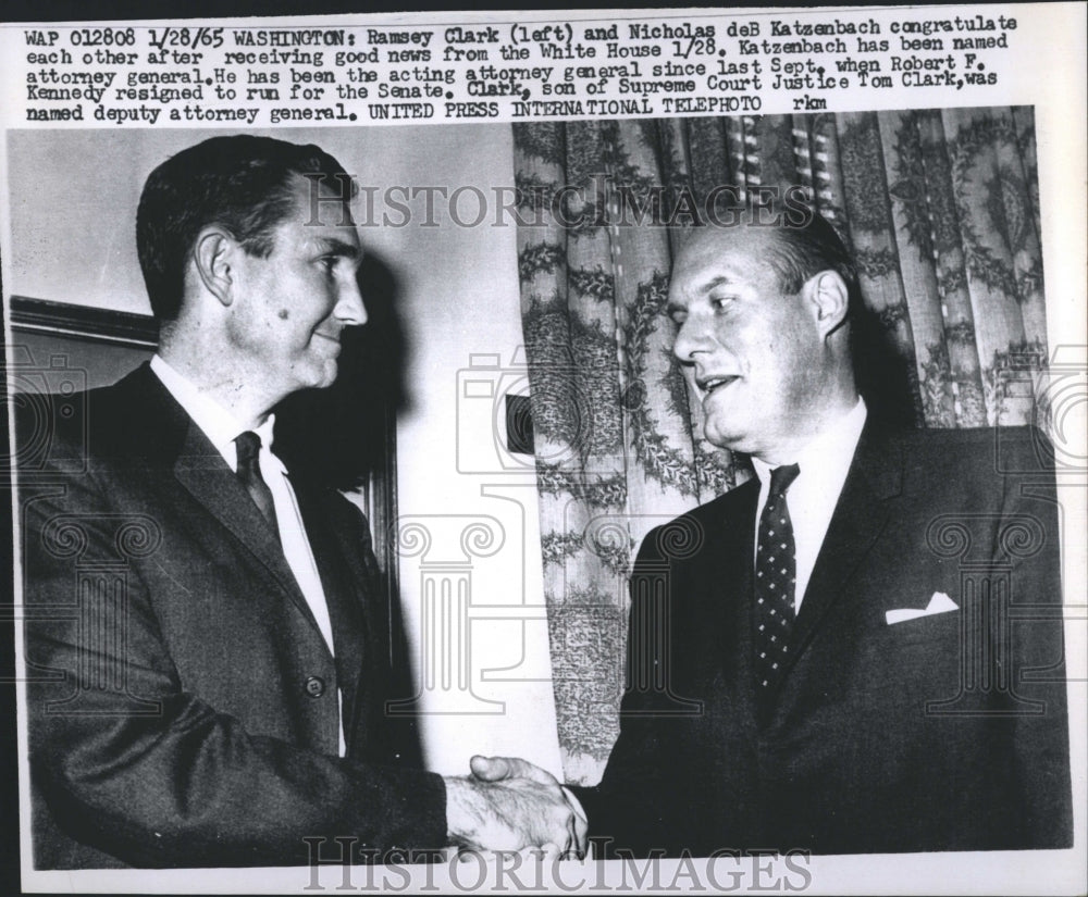 1965 PressPhoto Ramsey Clark(L) &amp; Nicholas deb Katzenbach congatulates eachother - Historic Images