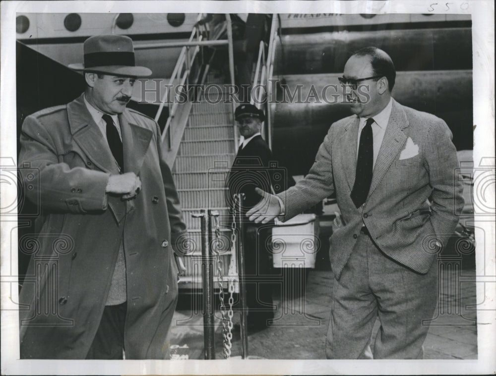 1953 Press Photo Theodore Kaghan greeted by Tom Agoston in Germany - Historic Images