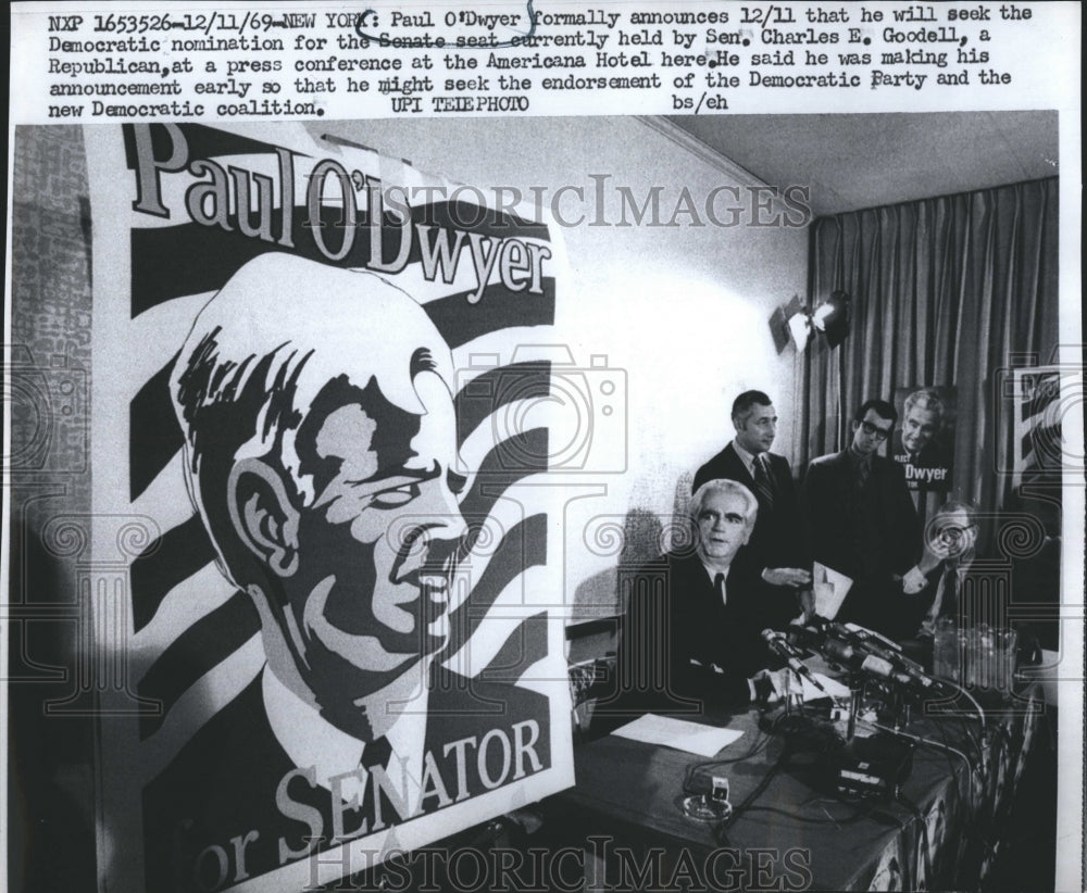 1969 Press Photo Paul O&#39;Dwyer Formally Announces Run For Senate - Historic Images