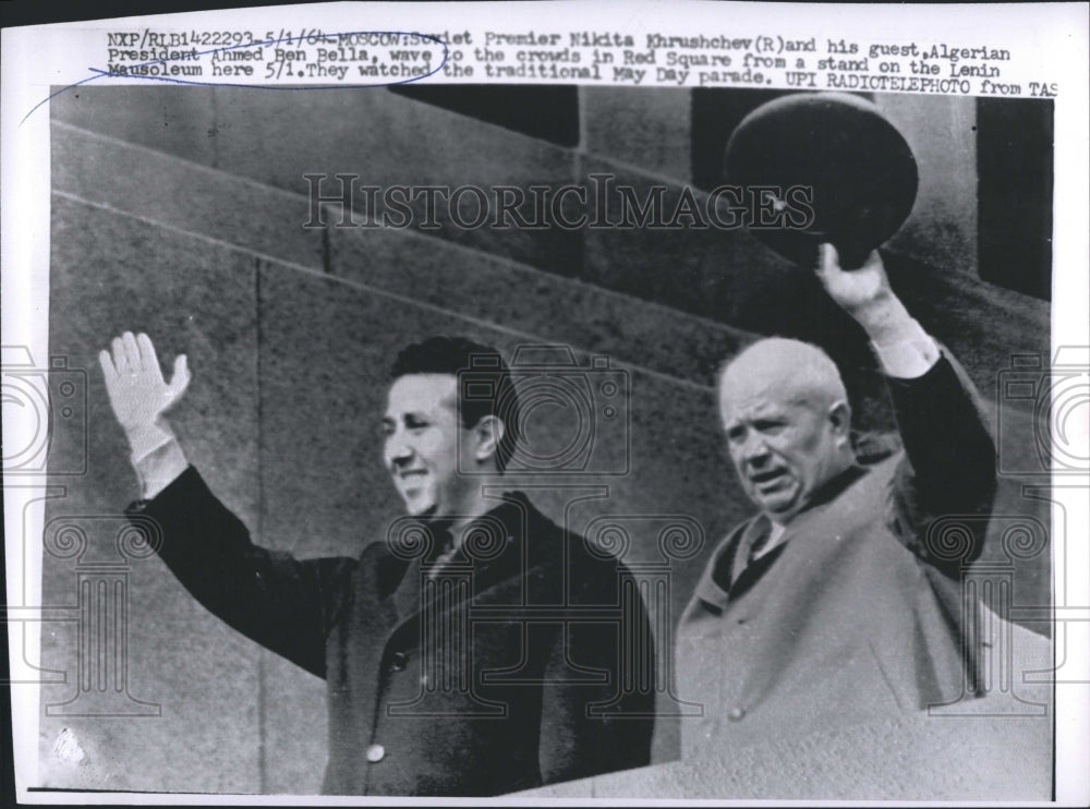 1964 Press Photo Nikita Khrushchev(R) Pres. Ahmed Ben Bella wave to the crowds - Historic Images