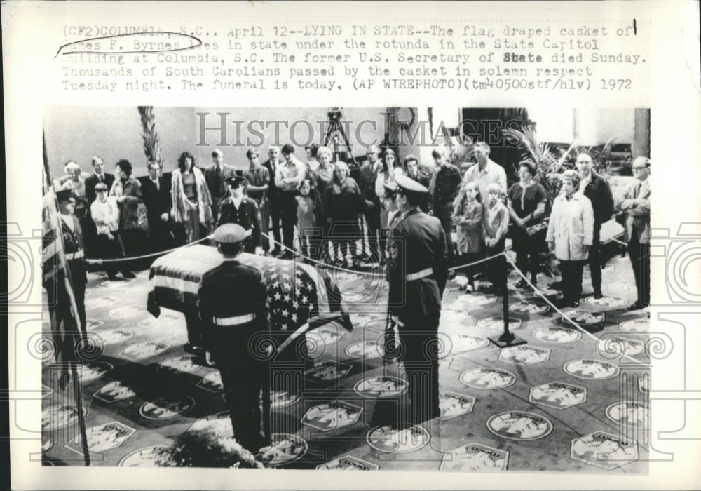 1972 Press Photo Casket of U.S. Sec. of State James F. Brynes at State Capitol. - Historic Images