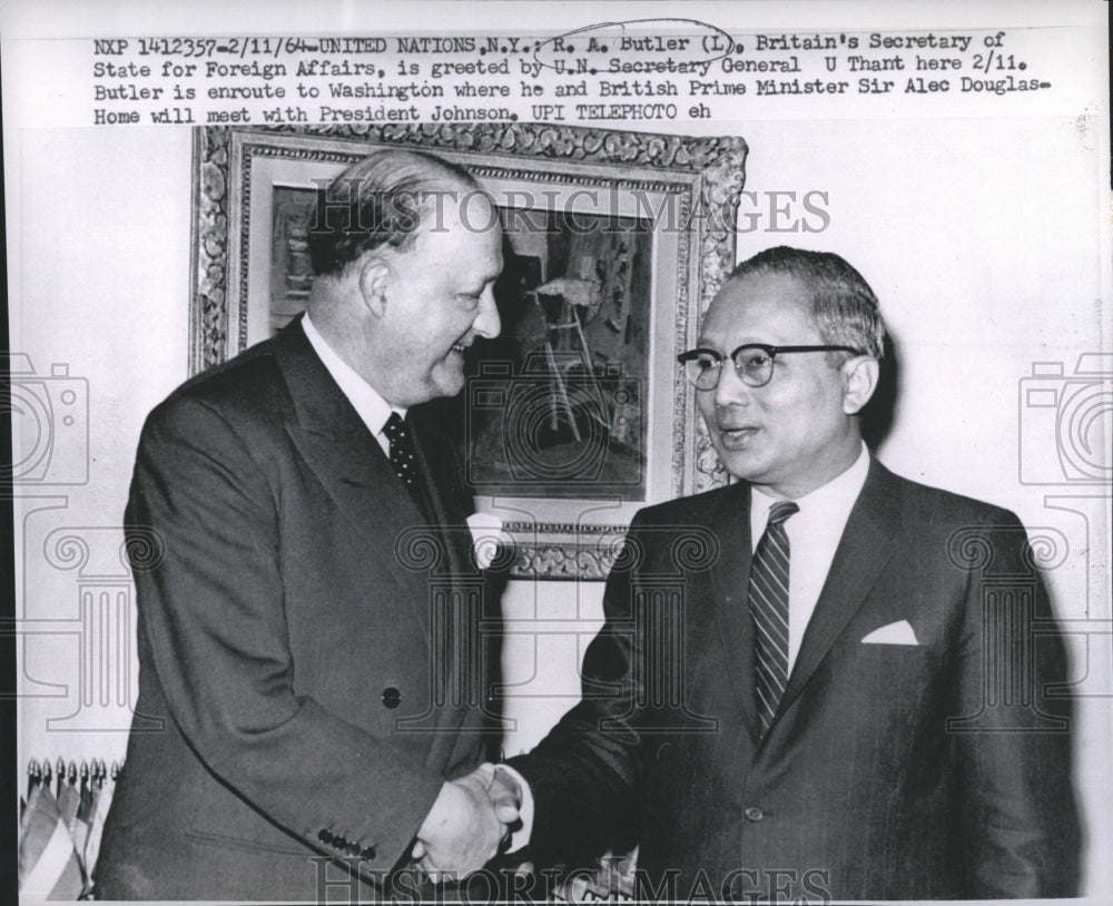 1964 Press Photo R.A. Butler(L) is greeted by U.N/ Sec. General U Thant - Historic Images