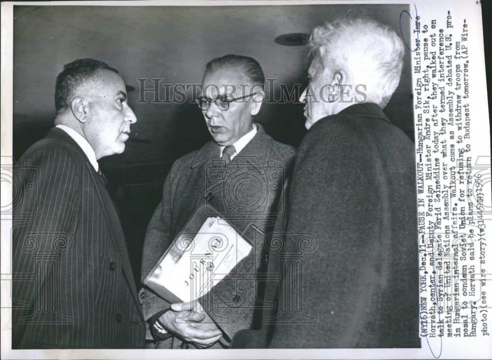 1956 Press Photo Imre Horvath and Endre Sik with Farid Seineddine at UN - Historic Images