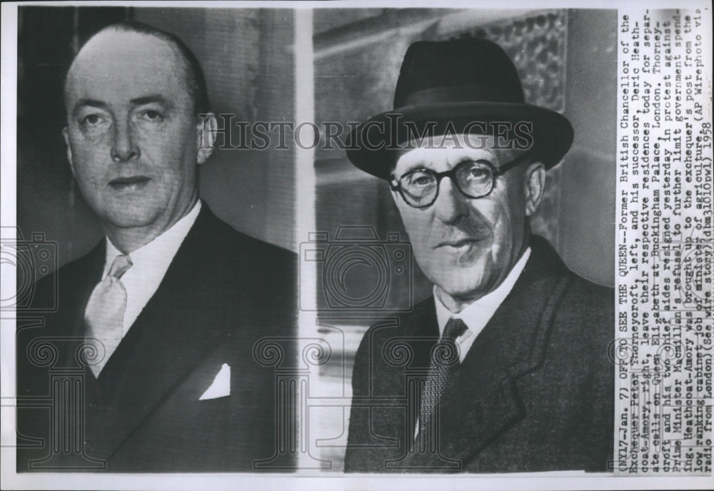 1958 Press Photo Chancellor Exchequer Peter Thorneycroft Derick Heathcoat-Amory - Historic Images