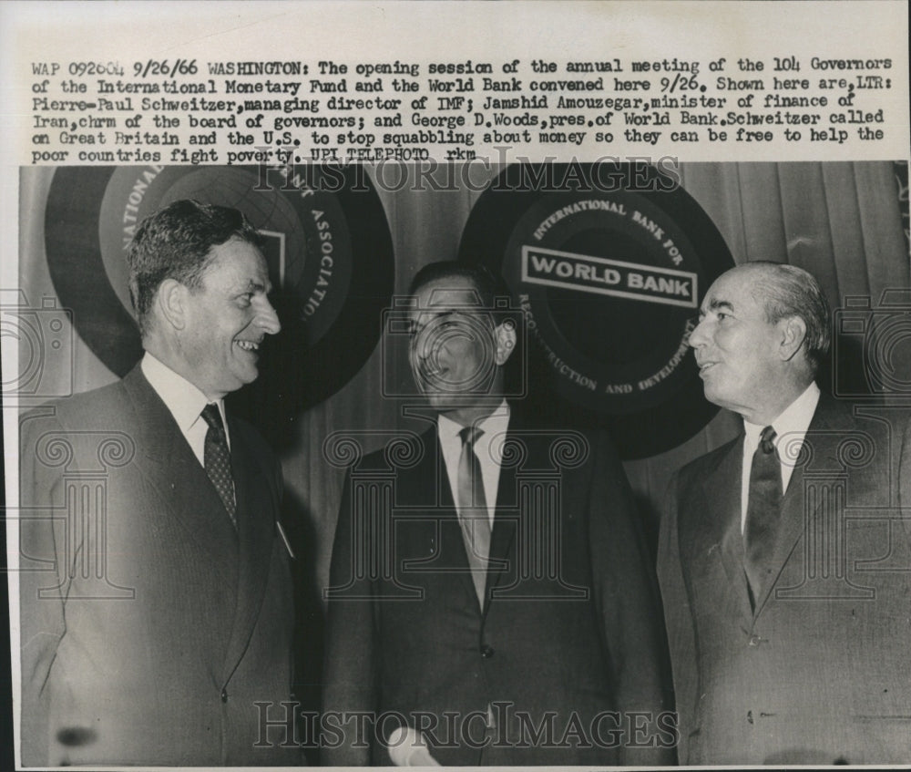 1966 Press Photo IMF members,Pierre P Schweitzer,Jamshid Amouzegar,GD Woods - Historic Images