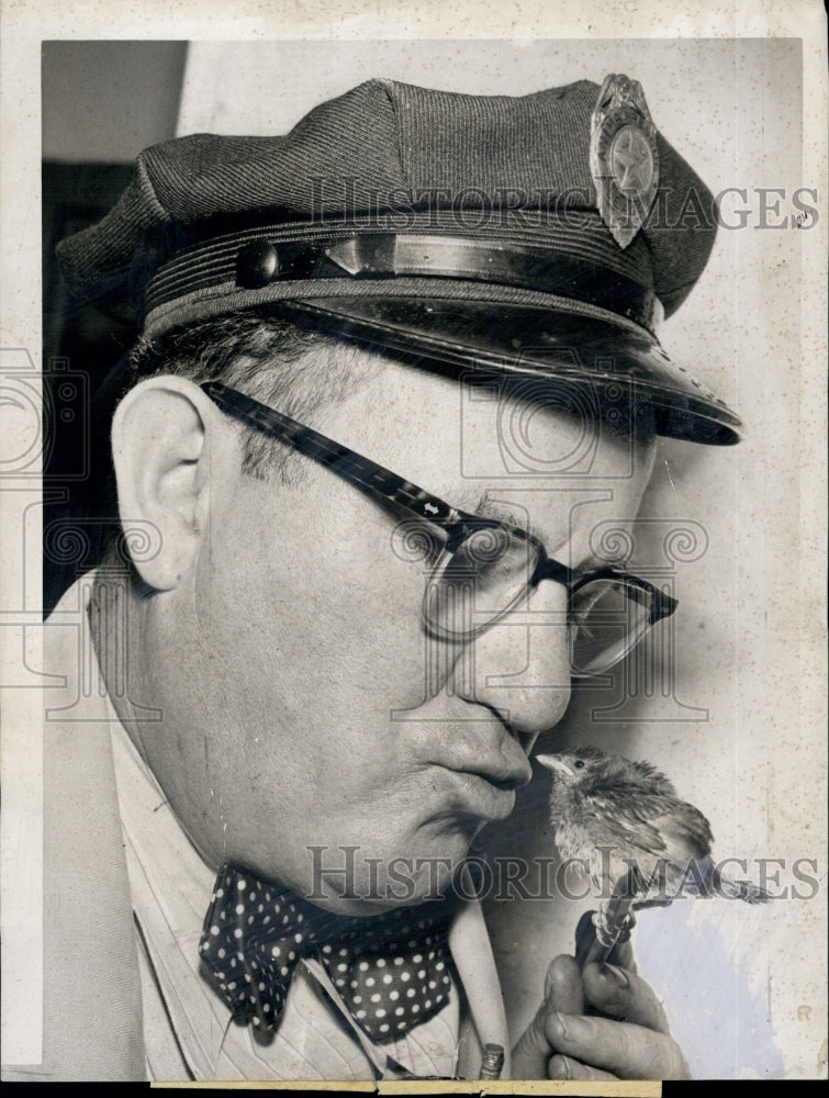 1954 Press Photo Agent James Hibbs warning a bay sparrow. - Historic Images