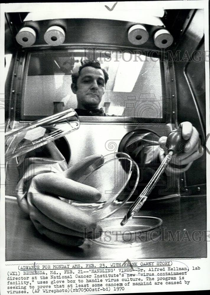 1970 Dr. Alfred Hellman, Handling virus culture. - Historic Images