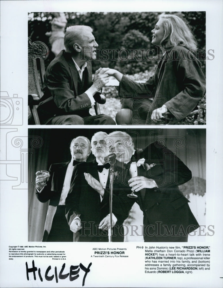 1985 Press Photo Wm Hickey,K Turner,L Richardson,R Loggia "Prizzi's Honor" - Historic Images