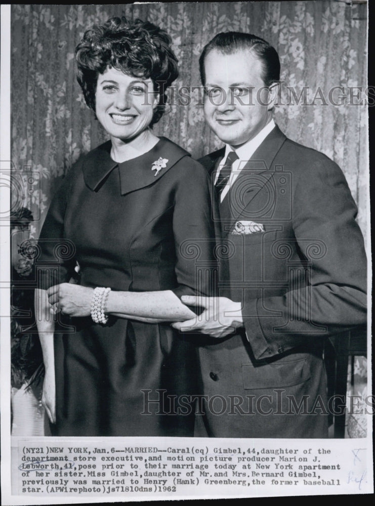 1962 Press Photo Caral Gimbel and husband producer Marion J Lebworth - Historic Images