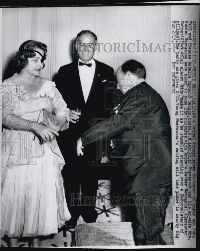 1962 Press Photo UN Amb. Adlai Stevenson &amp; Ex Mrs. Borden Stevenson Host Dinner - Historic Images