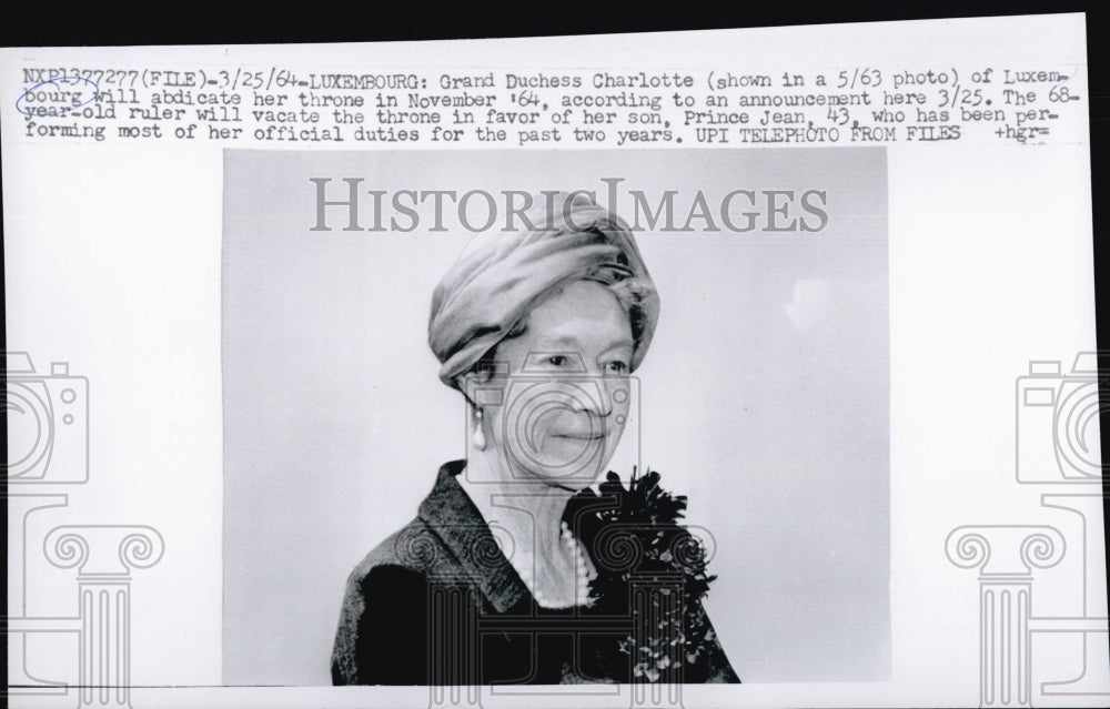 1964 Press Photo Grand Duchess Charlotte of Luxembourg - Historic Images