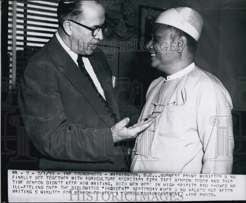 1955 Press Photo U Nu, Prime Minister of Burma With Ezra Taft Benson - Historic Images