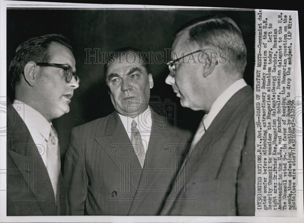 1956 Press Photo Dr. Peter Kos, Georgi Zarubin, and Arkady Sobolev - Historic Images