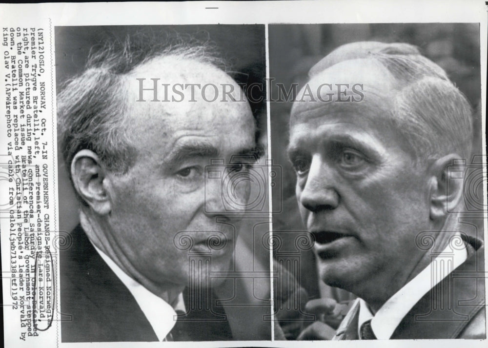 1972 Press Photo Norwegian Premier Trygve Bratelli &amp; Lars Korvald - Historic Images