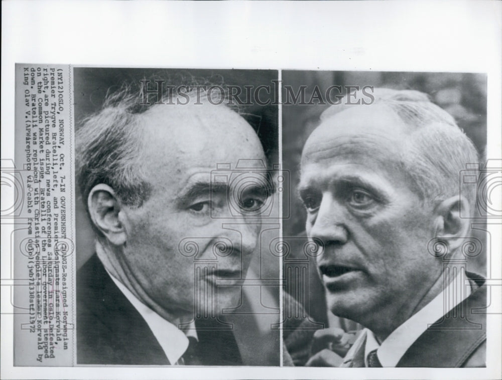 1972 Press Photo Resigned Norwegian Premier Trygve Bratelli Premier Lars Korvald - Historic Images